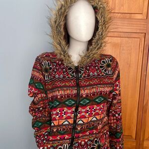 Fur lined hooded jacket Aztec Tribal Medium